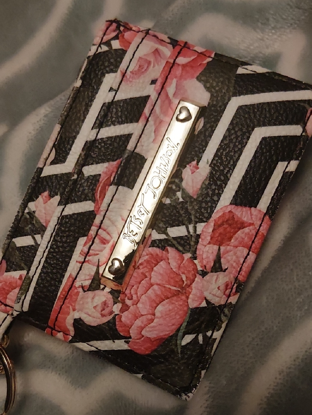 Betsey Johnson Black White Floral Card Holder Wallet with Pink Roses